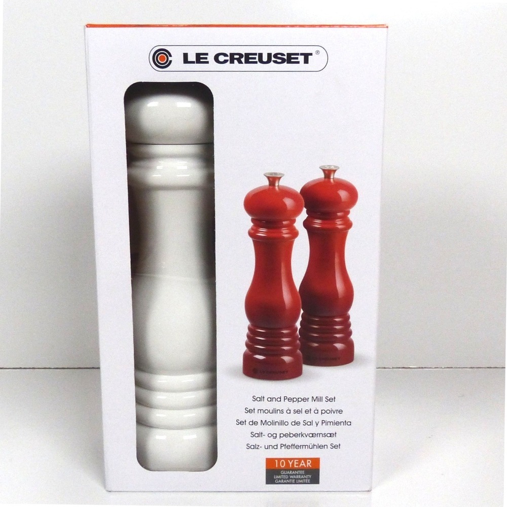 Le Creuset Salt and Pepper Mill Set Ceramic Grinder ALL WHITE 8in TALL 21cm NIB